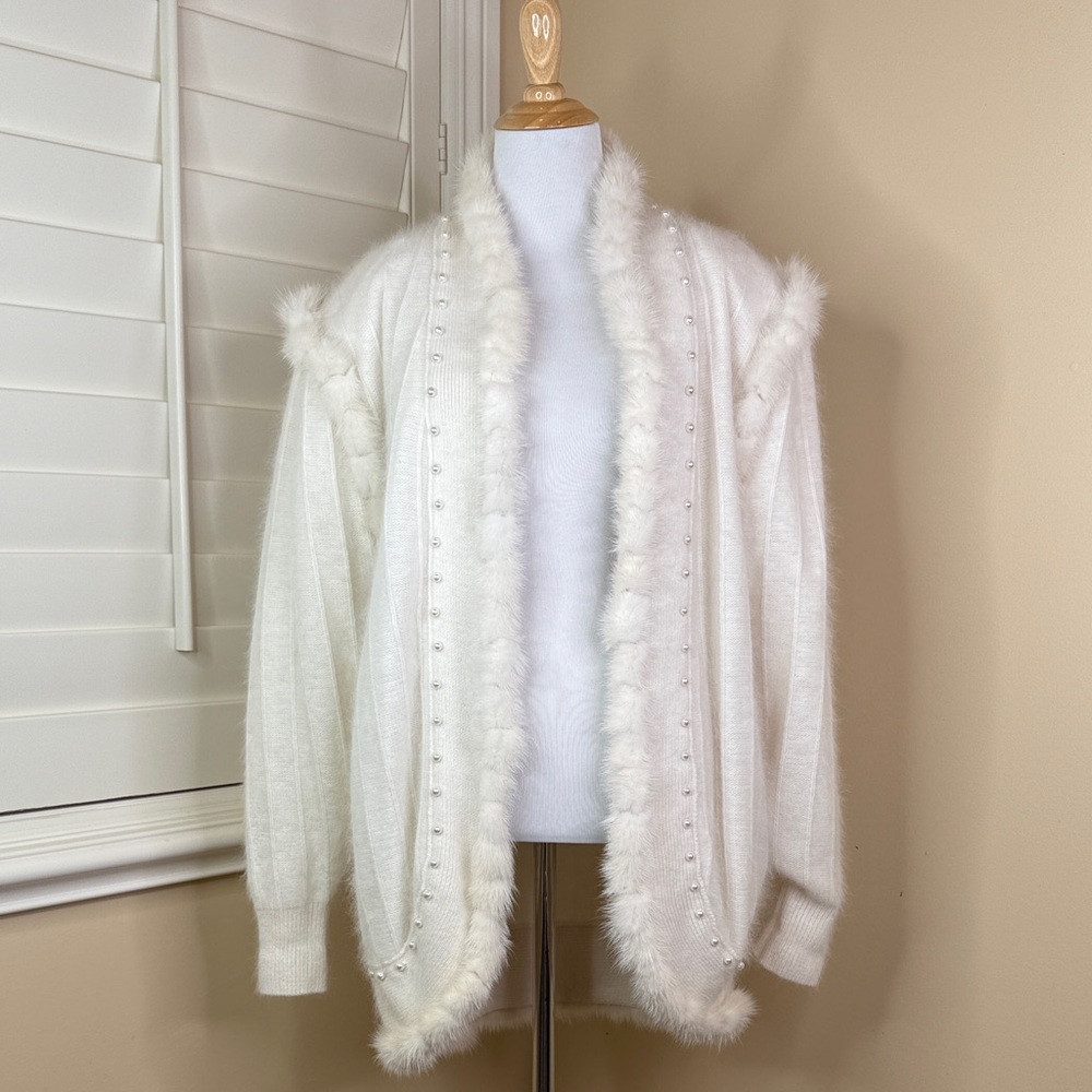 Nina Austin Ivory Cardigan with Angora Rabbit Fur and Pearl Accents